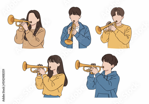 Minimalist Handdrawn People Playing Trumpet Musical Instrument Illustration