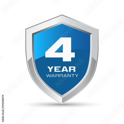 4 year warranty silver metal shield in blue color. Four year warranty shield vector illustration. Metallic security badge.