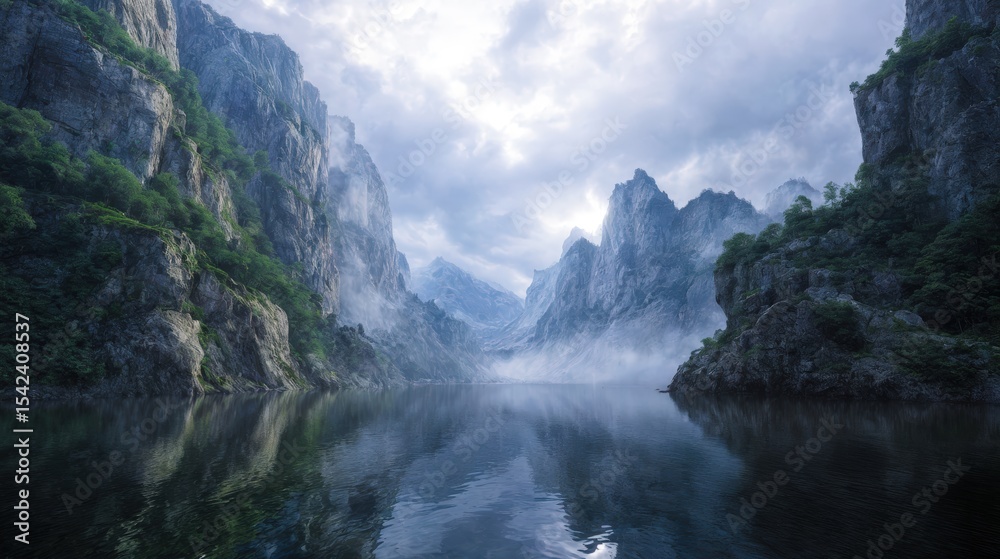 Obraz premium Calm Water and Steep Rock Faces in Serene Nordic Landscape