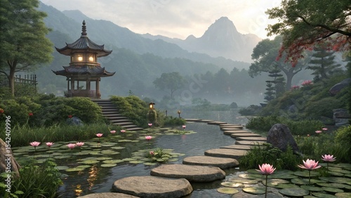 Asian serenity: A traditional Japanese garden with a serene pond and a Chinese temple nestled in the mountains and reflected in a tranquil lake under the morning sky