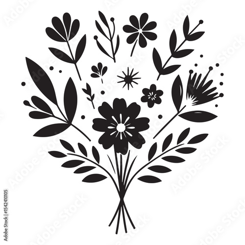 Minimalist Floral Bouquet Flat Design Vector - Black and White Silhouette