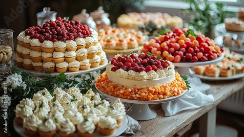 An exquisite display of gourmet desserts featuring vibrant cakes and pastries, perfect for special occasions or celebrations