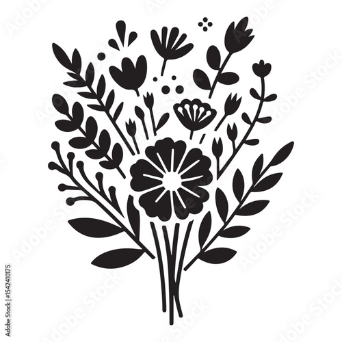 Minimalist Floral Bouquet Flat Design Vector - Black and White Silhouette