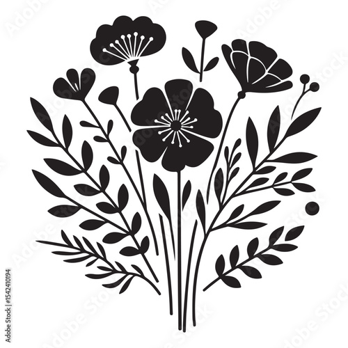 Minimalist Floral Bouquet Flat Design Vector - Black and White Silhouette