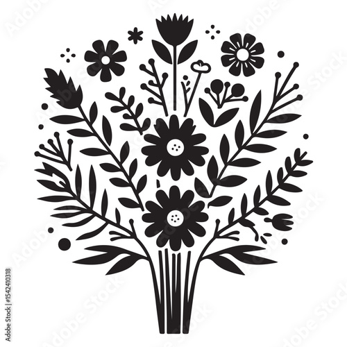 Minimalist Floral Bouquet Flat Design Vector - Black and White Silhouette