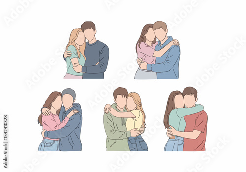Minimalist Lineart Loving Couple Together Hugging Illustration Graphic Element Set