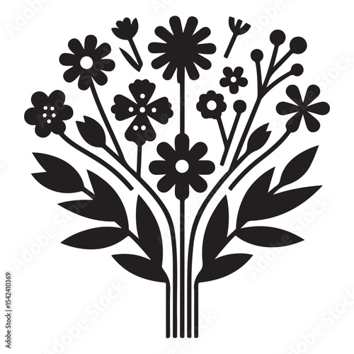 Minimalist Floral Bouquet Flat Design Vector - Black and White Silhouette