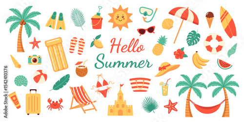 Set of bright and cute cartoon summer holiday beach elements. Collection flat icons for vacation, beach holiday, weekend and summer time concept. Hand drawn modern items, signs for card, scrapbooking.