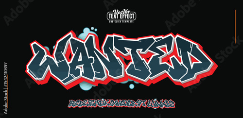 Wanted logo graffiti font text effect, spray and street text style 