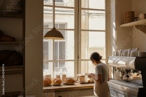 Barista preparing croissants behind cozy cafe counter in morning light, vintage style photo