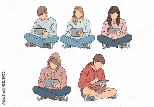 Minimalist Flat Illustration Group of People Using Tablet Sitting Cross Legged