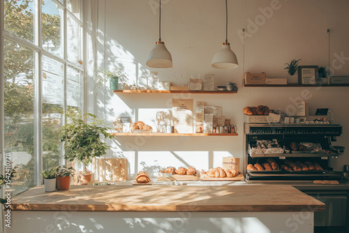 Cozy bakery interior with pastries and warm natural light, vintage style photo