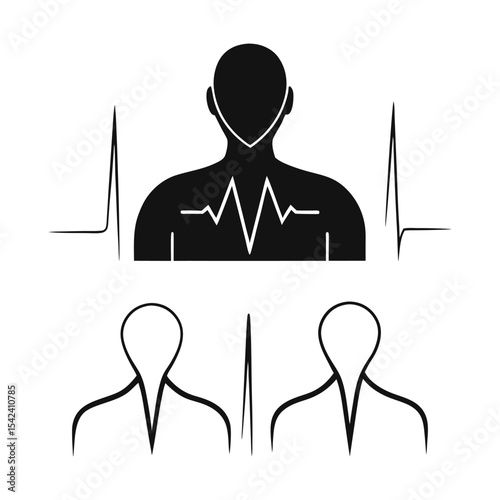 Black Silhouette Icon of Person with Heartbeat and Two Additional Figures white