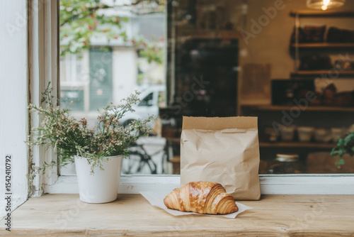 Cozy cafe scene with croissant and paper bag on sunlit windowsill, vintage style photo