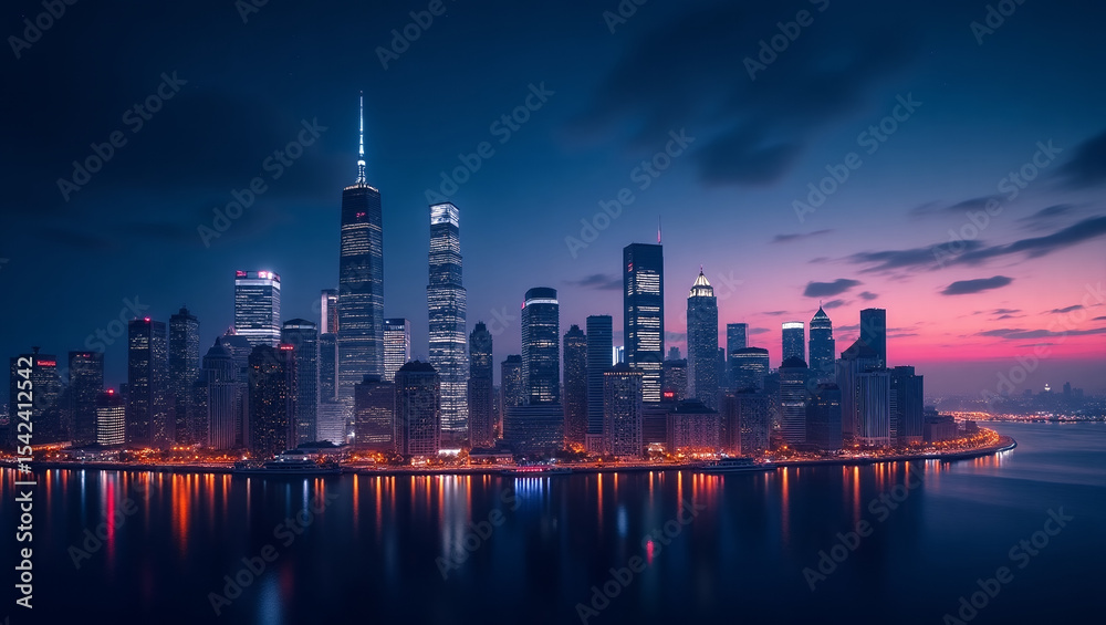 Fototapeta premium Stunning Panoramic View of a Modern City Skyline at Dusk with Reflecting Lights on the Water and a Vibrant Sunset Horizon – Urban Life and Global Business Concept