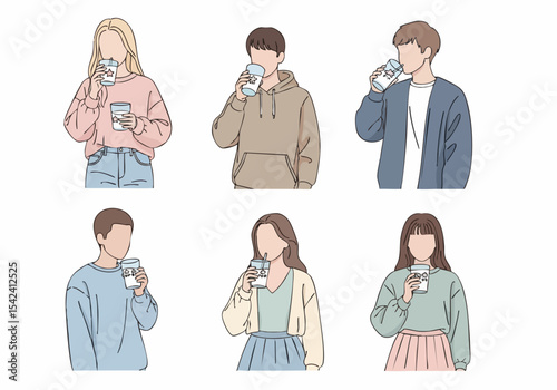 Simple Outline Drawing People Drinking Beverages From a Cup Illustration