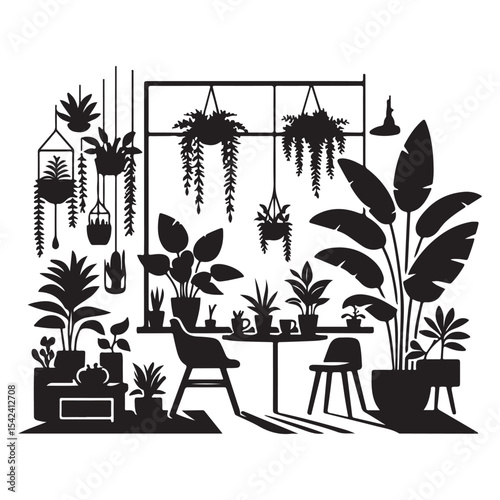 Minimalist Indoor Plant Scene Vector - Black and White Silhouette
