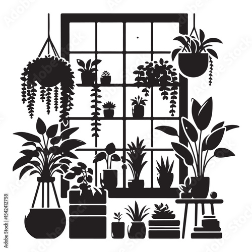 Minimalist Indoor Plant Scene Vector - Black and White Silhouette