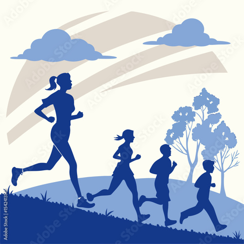 Family Outdoor Running Vector | Healthy Lifestyle Fitness Illustration