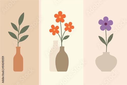 Minimalistic vector illustration of a vase with flowers and a leaf. Modern vase with flowers art
