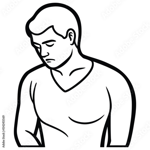 Man Wearing V Neck Shirt Looking Downward Black Line Art Illustration male person
