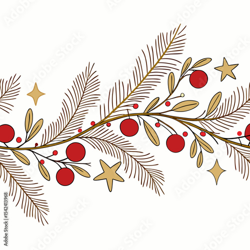 Christmas Garland Branch Vector | Holiday Decoration with Red Berries & Gold Stars