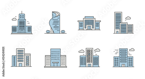 Vector illustration of different types of buildings skyscrapers architecture cityscapes for design and web use