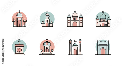 Vector illustration set of churches and mosques in outline style for religious architecture design