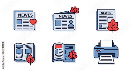 News media icons vector set featuring newspaper magazine and printer for journalism and publication design 100