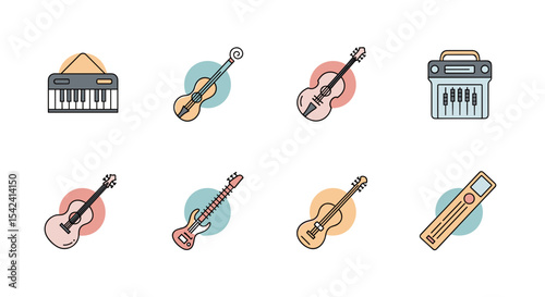 Collection of musical instruments keyboard guitar violin sitar and sound mixer vector illustration set design