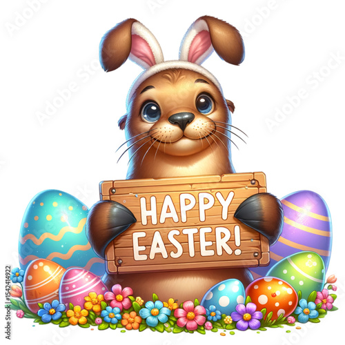 Seal Celebrates Easter: Whimsical seal adorned with bunny ears holds a wooden sign wishing Happy Easter surrounded by colorful eggs and spring flowers in an illustration style.