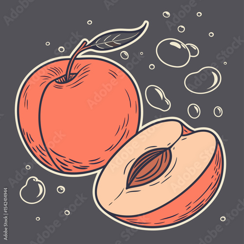 Vintage Peach Illustration Vector | Hand Drawn Whole and Sliced Fruit Design