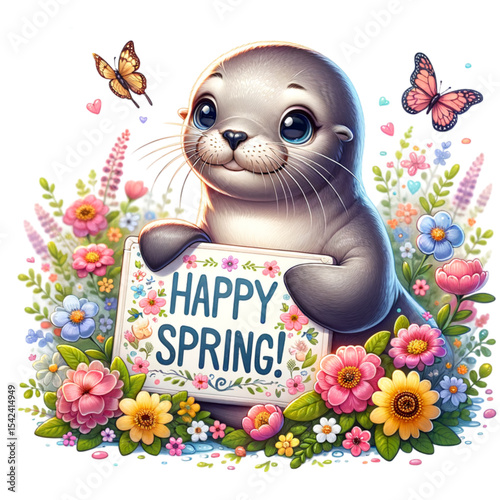 A Spring Seal's Warm Welcome: A cute seal sits amongst a vibrant garden of blooming flowers, a cheerful invitation of "Happy Spring!" to warmly greet the new season.