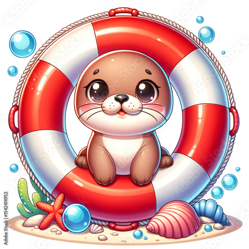 Cute Seal with Life Buoy: An adorable seal finds safety and fun inside a life buoy, amidst colorful seaside elements.This charming illustration is perfect for designs related to summer.