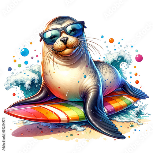 Cool Seal Surfs the Waves: A charming seal with sunglasses joyfully rides a vibrant surfboard on the ocean. This illustration celebrates summer, joy, and the thrill of the surf.