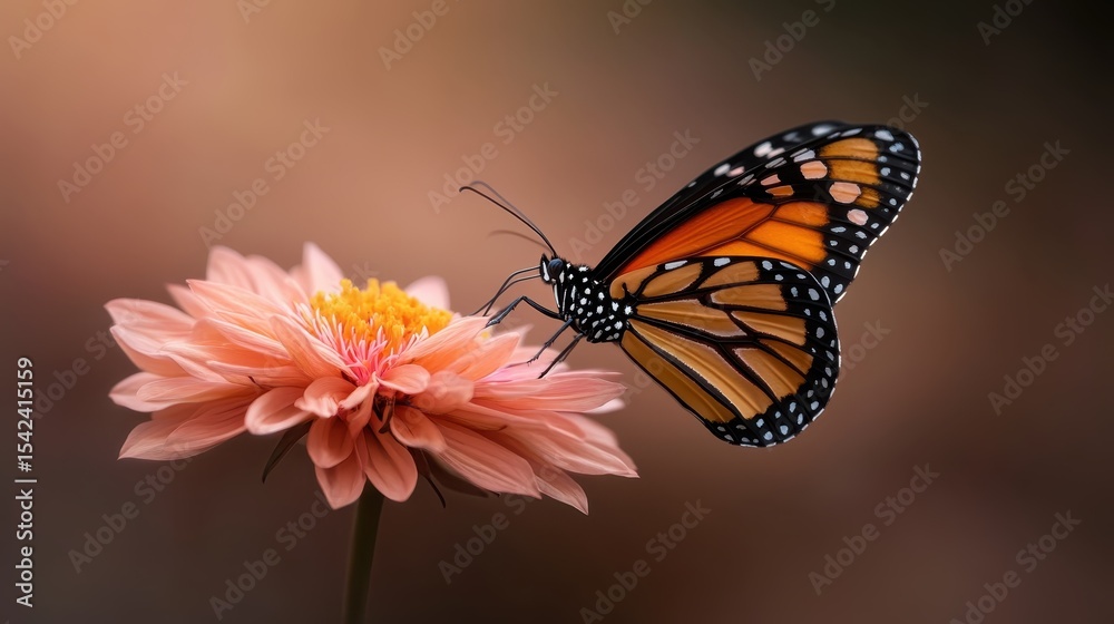 Obraz premium A stunning monarch butterfly rests delicately on a soft pink flower, highlighting the beauty of nature and the harmony of color in a tranquil garden setting.