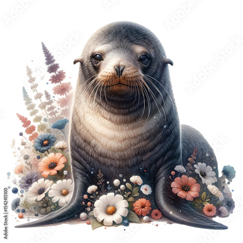 Seal in Floral Embrace: An adorable seal basks amidst a profusion of vibrant, colorful blooms, its playful gaze capturing hearts.