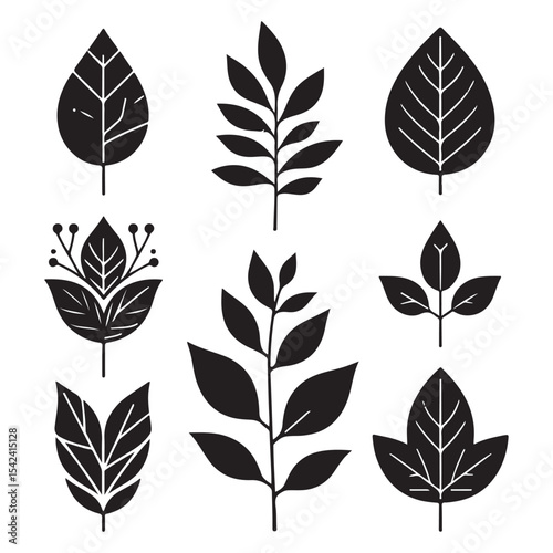 Minimalist Leaf Silhouette Vector Set - Black and White Foliage Icons