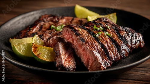 Mexican carne asada steak grilled to perfection, served on a matte black plate with charred lime wedges