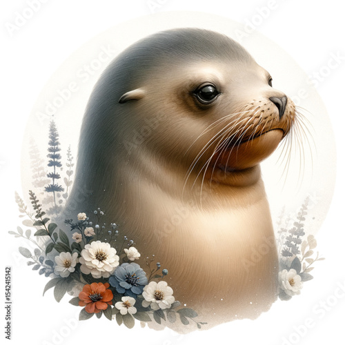 Sea Lion with Floral Embellishment: An adorable sea lion is adorned with a delicate floral arrangement, creating a whimsical and captivating image.