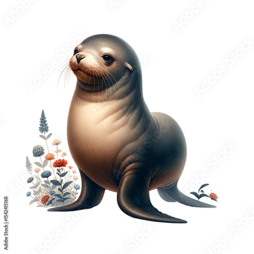 Playful Sea Lion in Floral Paradise: A charming sea lion cub, with its sleek fur and curious gaze, finds itself amidst a vibrant floral arrangement, evoking a sense of joy and serenity.