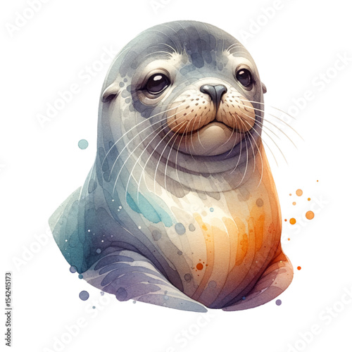 Charming Seal Portrait: An adorable seal captivates with its innocent gaze, its soft fur and expressive features rendered in a beautiful watercolor style.  