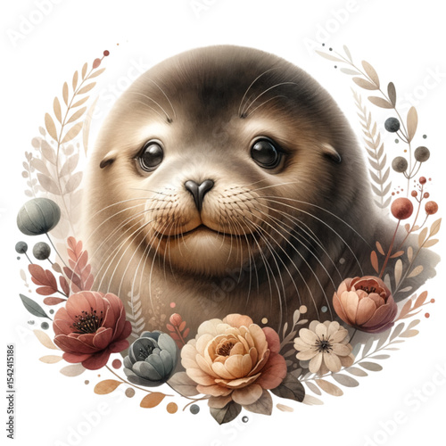 Charming Seal with Floral Wreath: A heartwarming portrait of a seal framed by an ornate wreath of delicate blooms, evoking a sense of whimsy and natural beauty. 