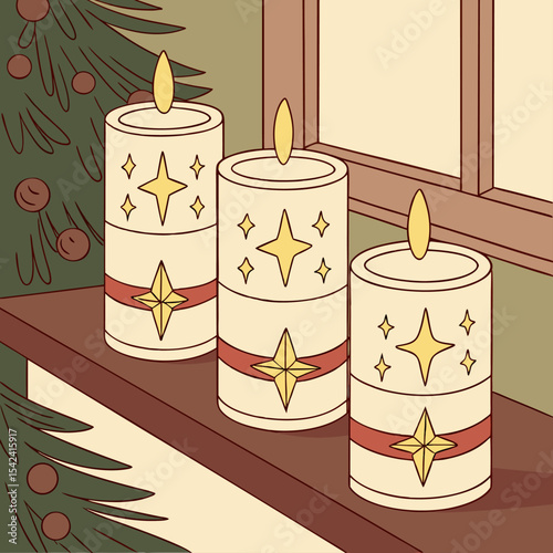 Holiday Candle Decoration Vector | Christmas Window & Festive Lights Illustration

