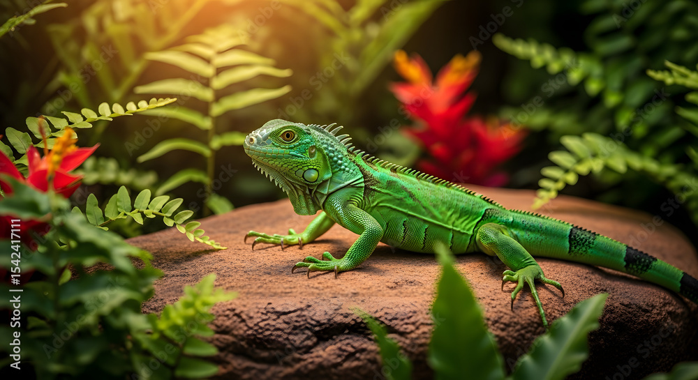Fototapeta premium Young iguana sunbathing on a rock in a tropical environment, high resolution, sharp details