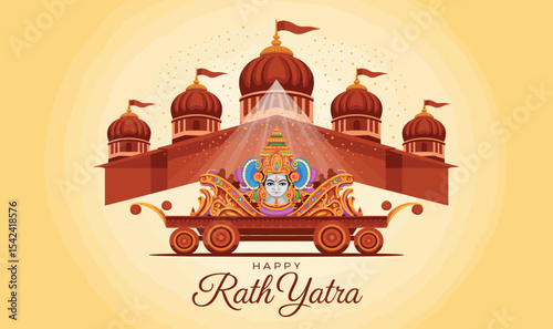 colorful vector illustration of happy rath yatra with lord jagannath on a decorated chariot and temple domes in the background
