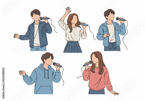 Simple Line Drawing People Singing Holding Microphone Group Illustration