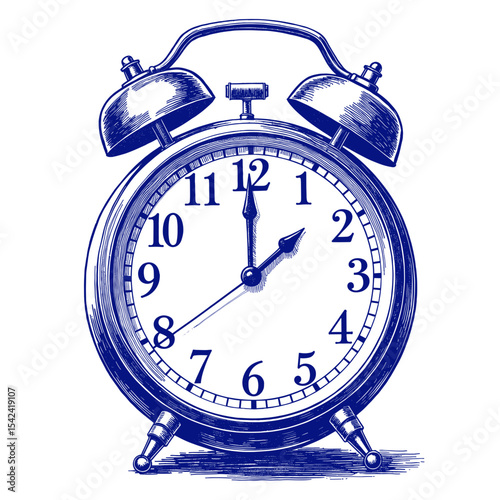 Vintage sketch of an alarm clock in blue ink on white background  