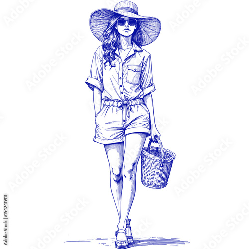 Young woman in resort wear walking with a basket in blue ink sketch  
