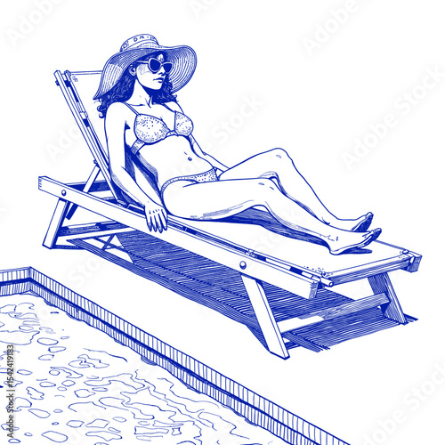 Woman relaxing on sunbed by the pool in blue ink sketch style  